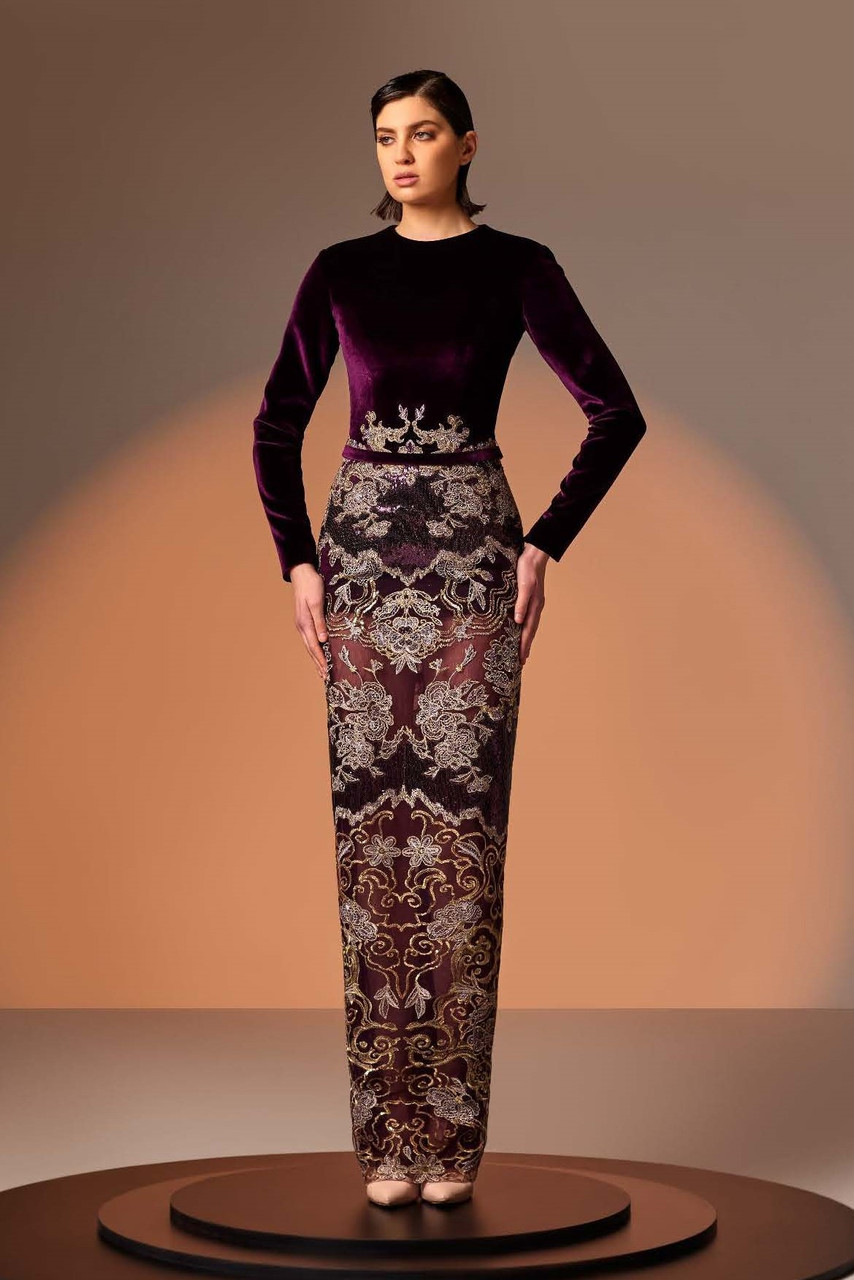Edward Arsouni Velvet Gown With Lace In Multi