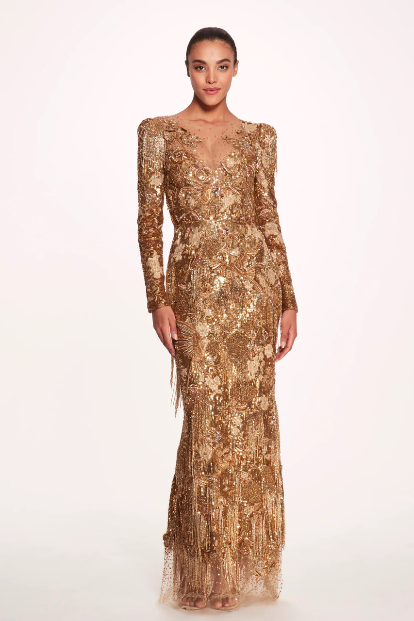 Shop Marchesa Embellished Illusion Neck Gown In Multi
