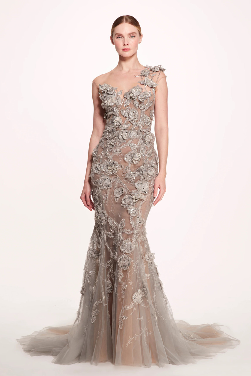 Marchesa Illusion Tulle Fishtail Gown In Multi