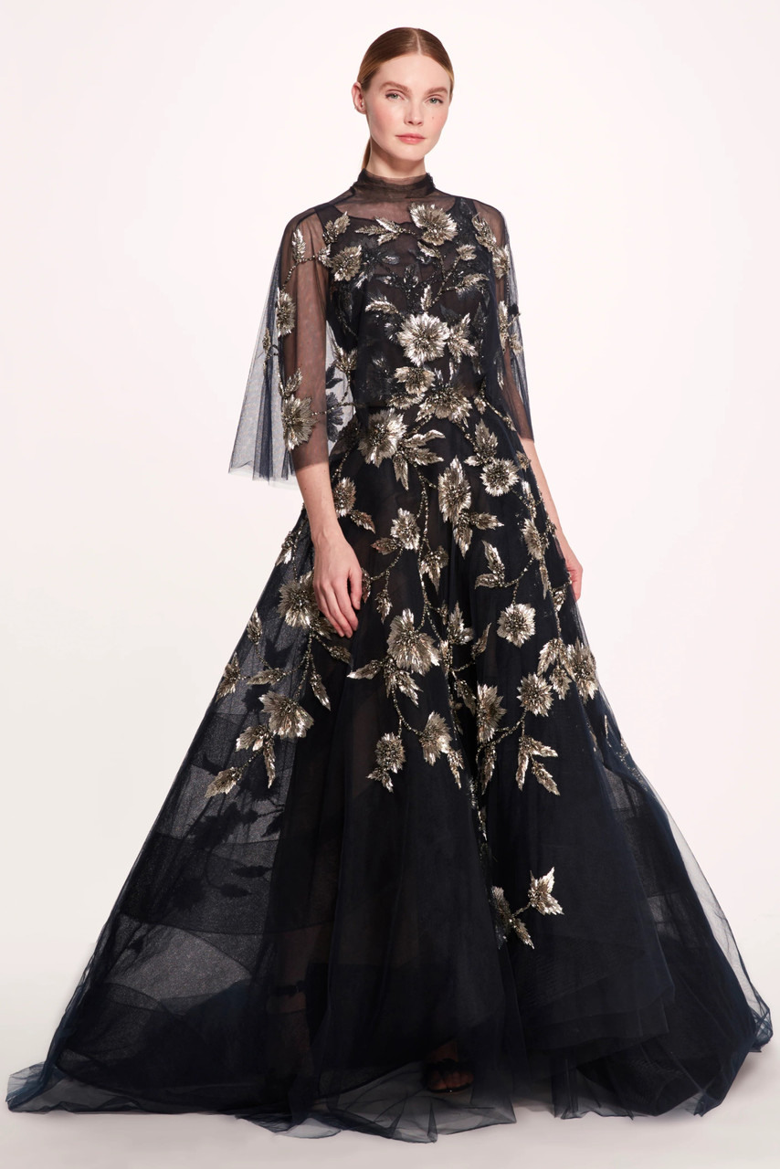 Marchesa Boat Neck Ball Gown In Multi