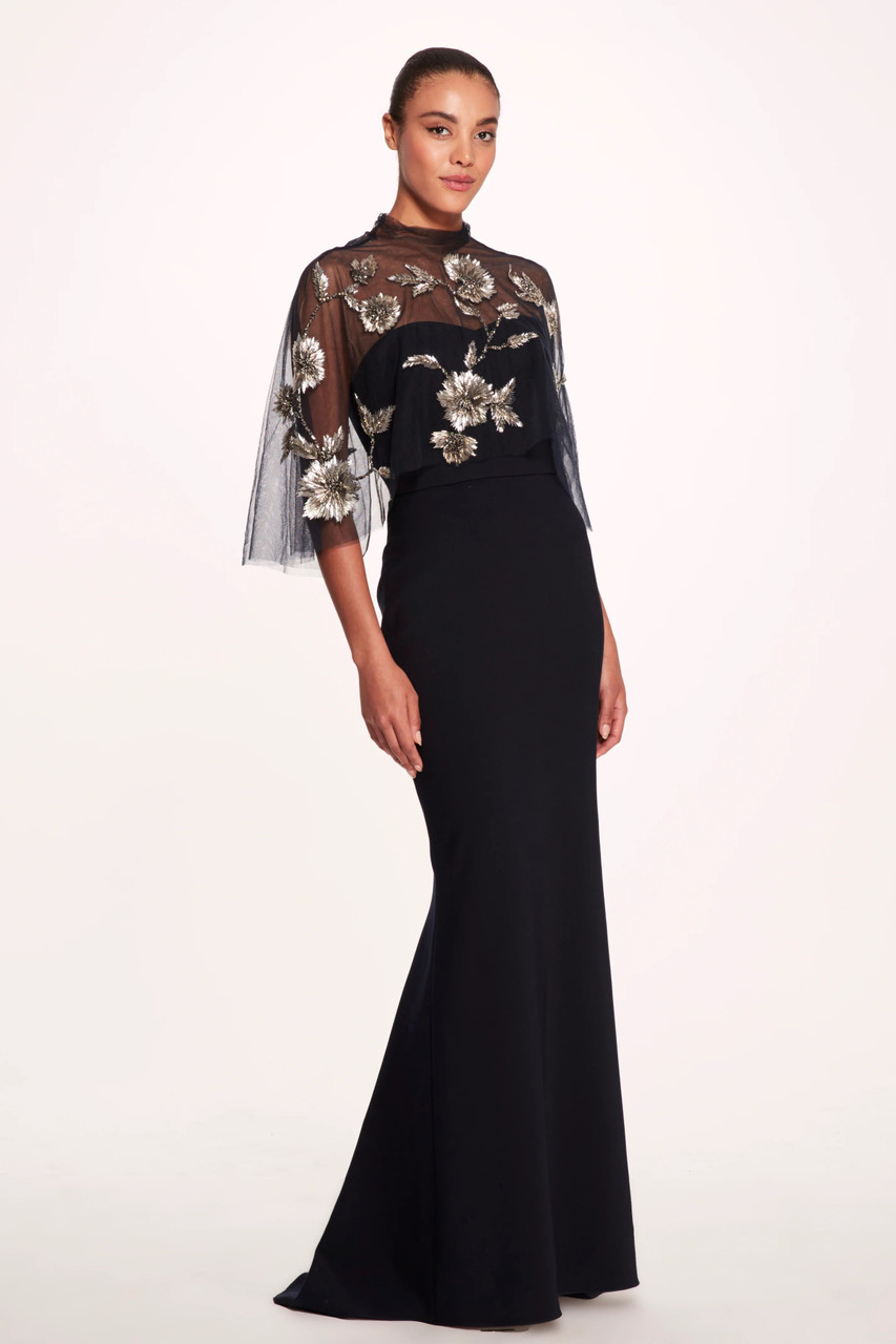 Shop Marchesa Stretch Crepe Column Gown With Overlay In Multi