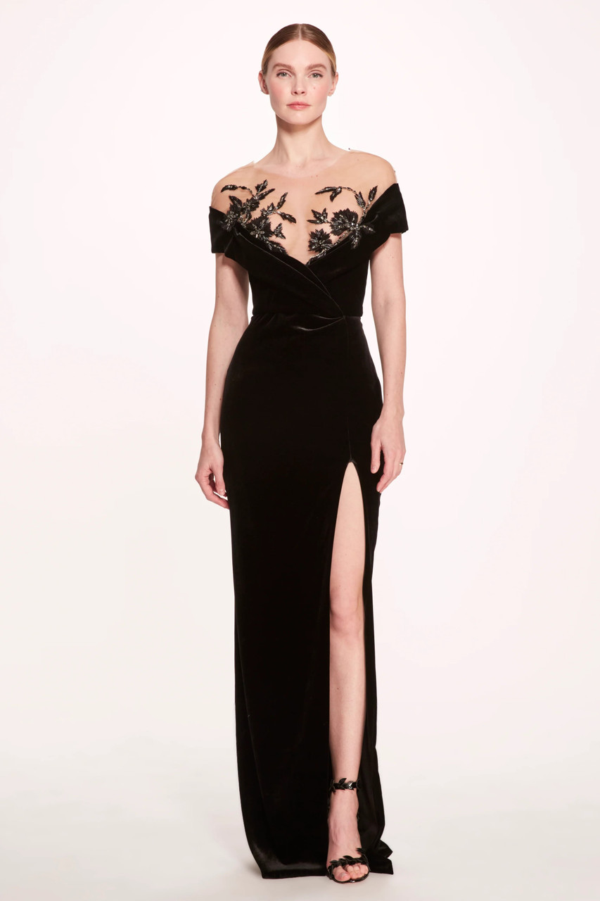 Marchesa Illusion Off Shoulder Velvet Gown In Multi