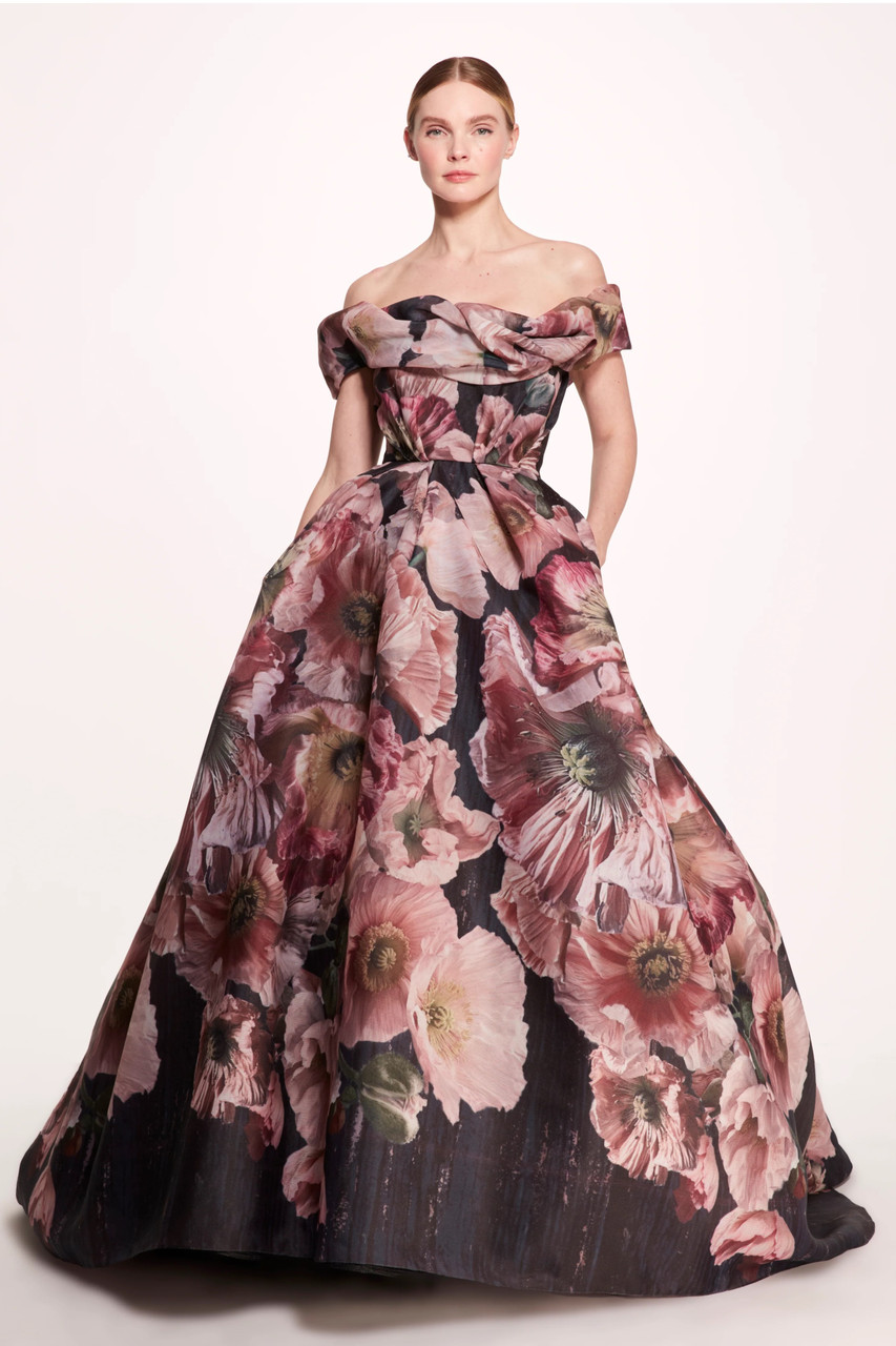 Marchesa Printed Poppy Gazar Ball Gown In Multi