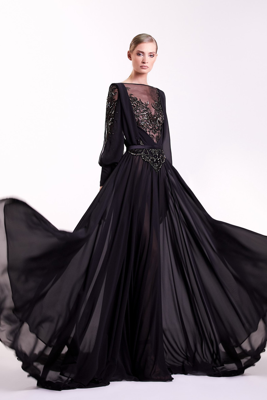 Edward Arsouni Long Sleeve -black Gown In Multi