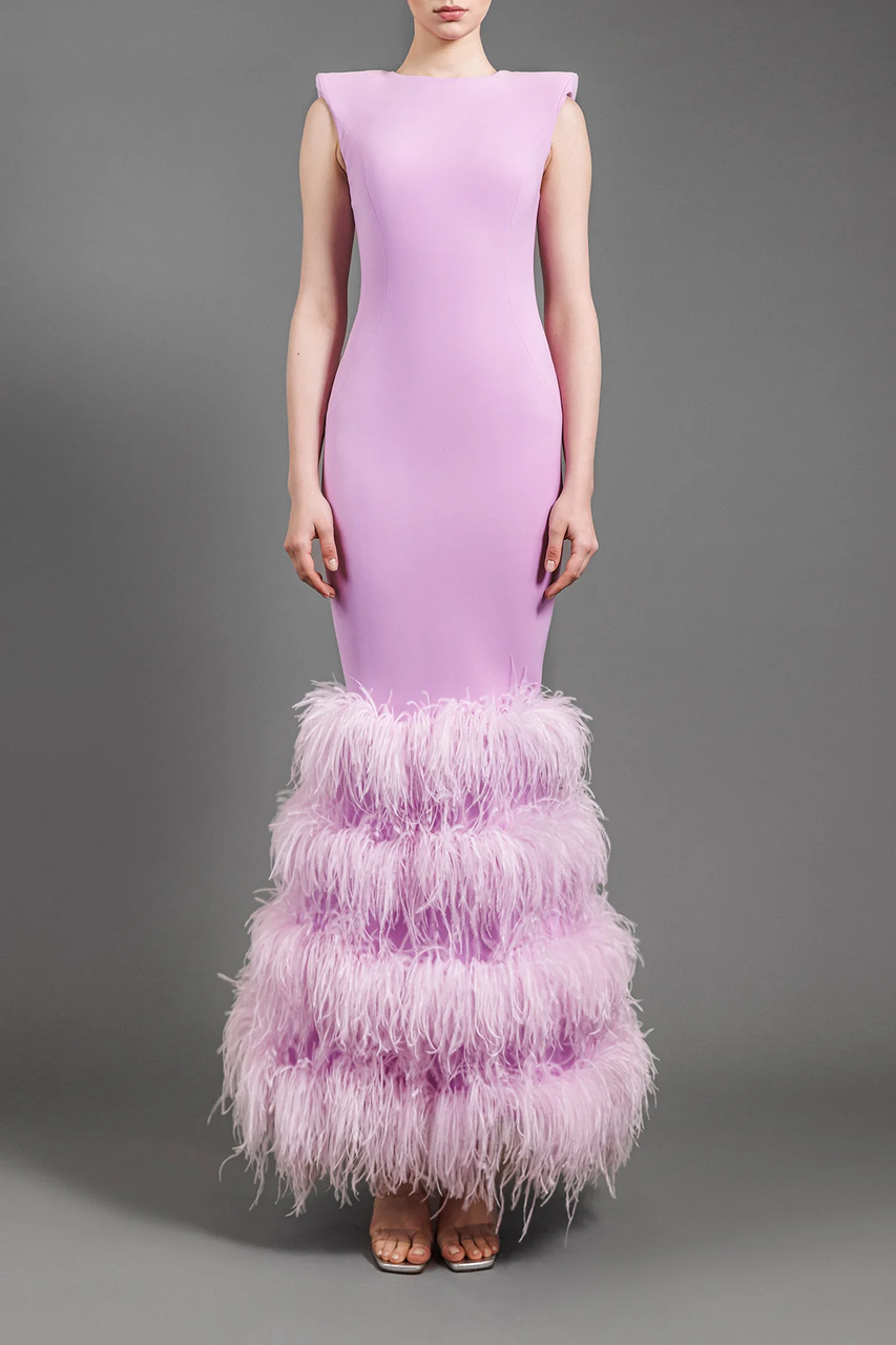 Jean Louis Sabaji Layered Feathered Crêpe Gown In Multi