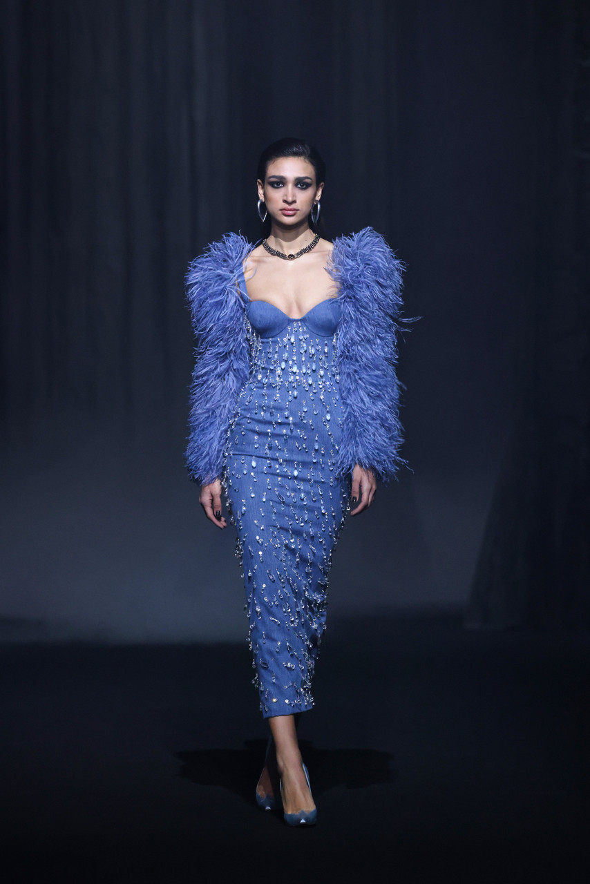 Georges Hobeika Beaded Denim Dress With Feathered Sleeves In Multi