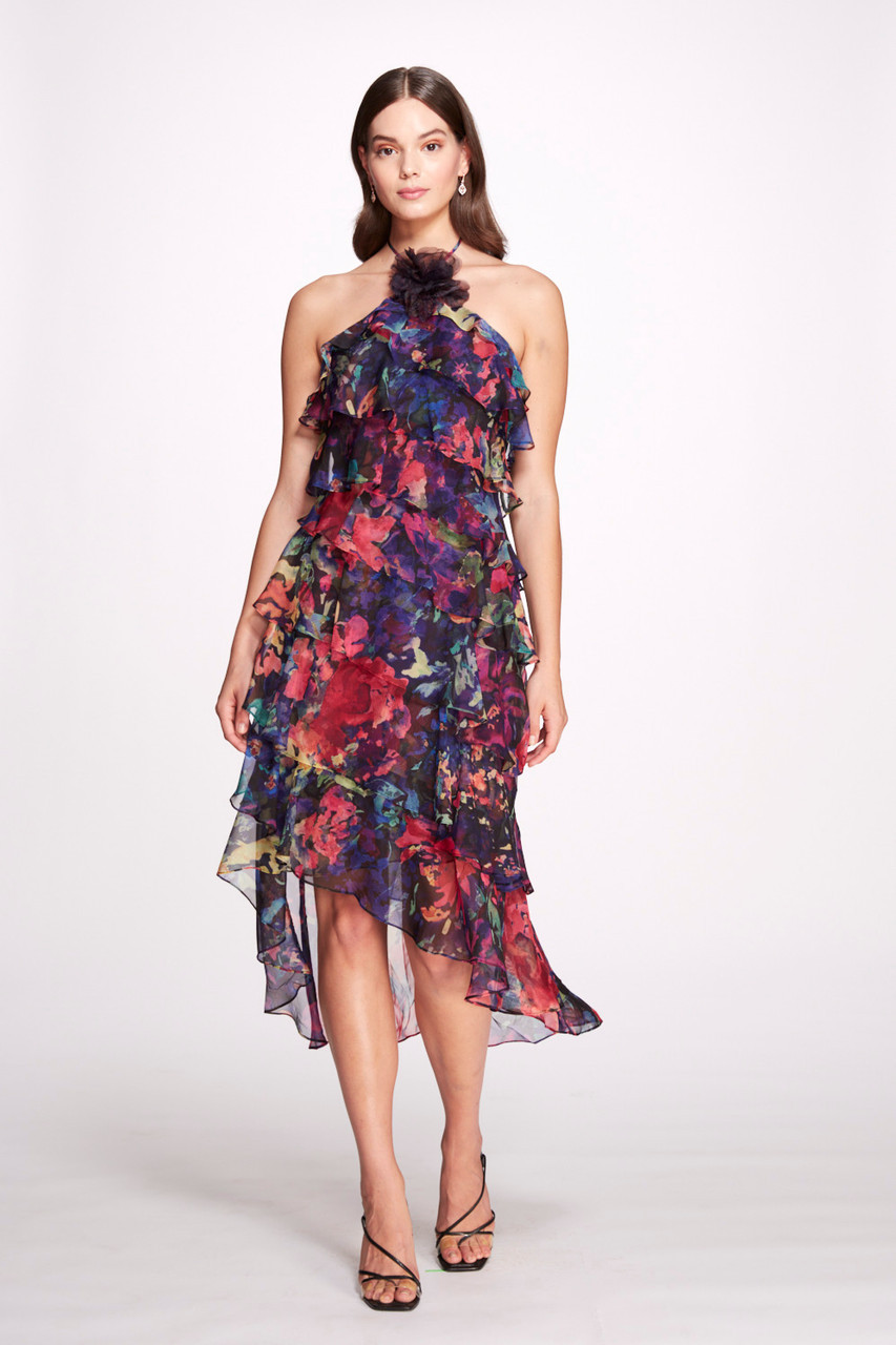 Marchesa Notte Halter Neck Floral Print Dress In Multi