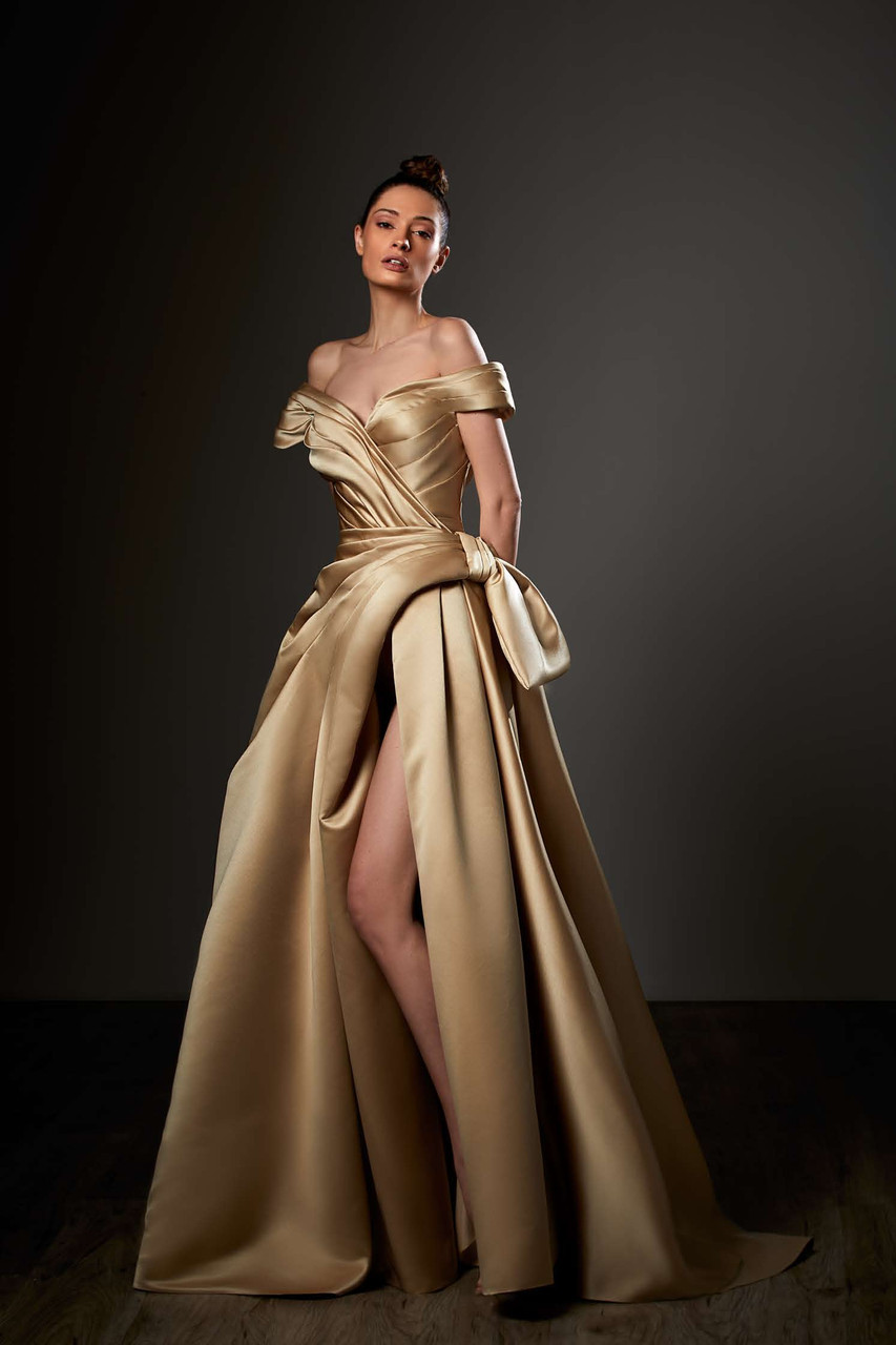 Ziad Germanos Off Shoulder -satin Gown In Multi