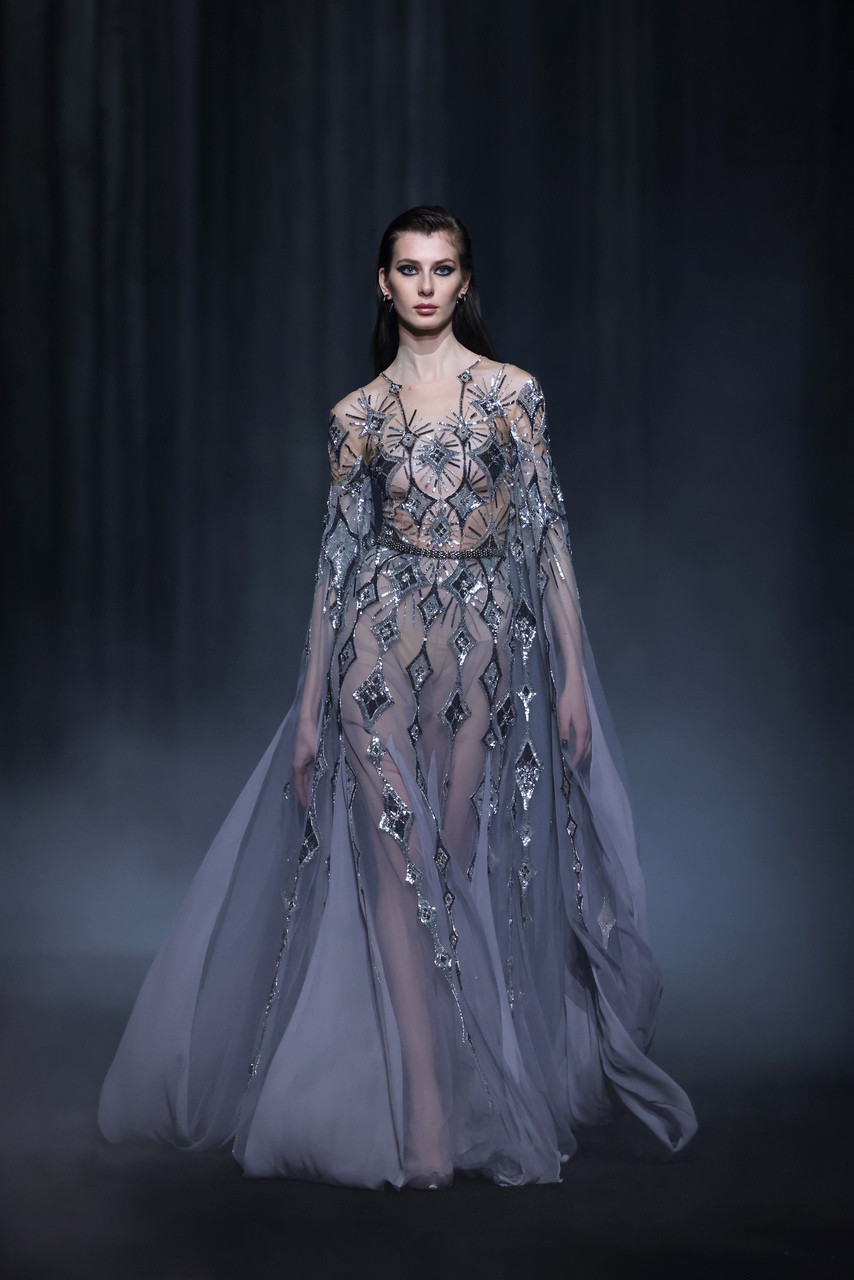 Georges Hobeika Beaded Tulle Gown With Long Slit Sleeves In Multi
