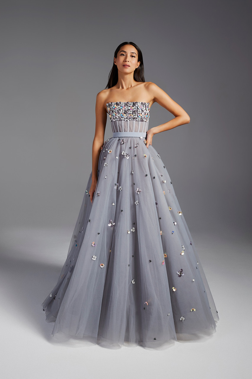 Azzi & Osta Embroidered Tulle Ball Gown In Multi