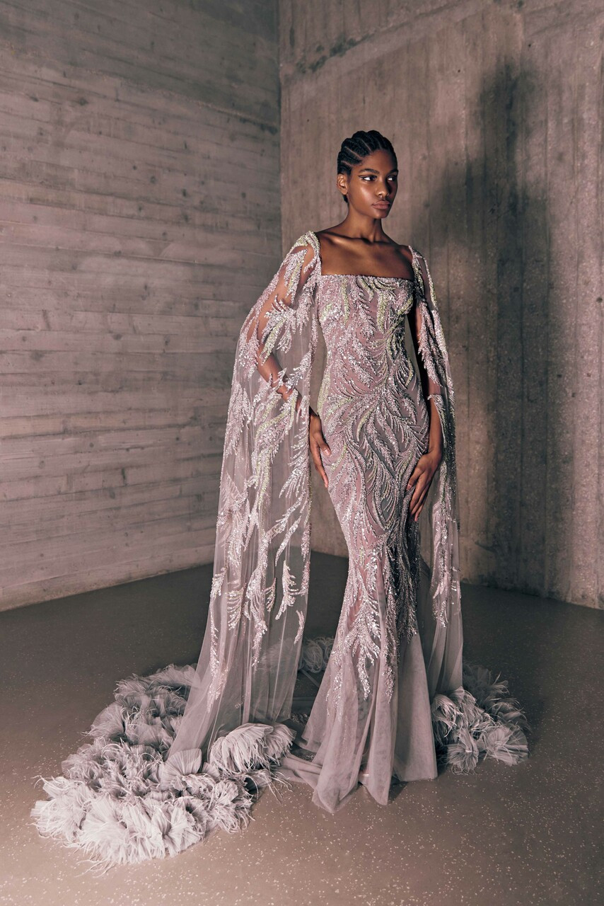 Tony Ward Embroidered Mermaid Gown With Cape Sleeves In Multi