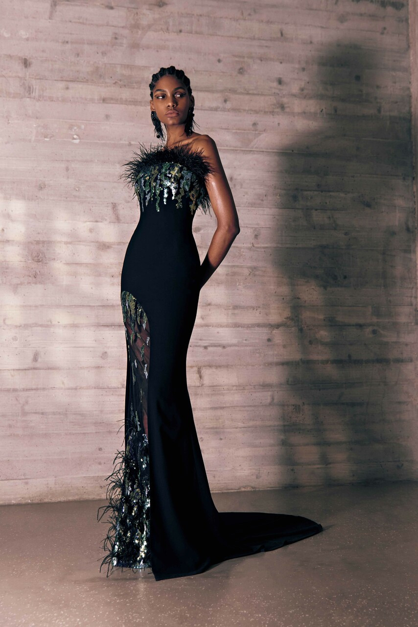 Tony Ward Feathered Crêpe Marocain Gown In Multi