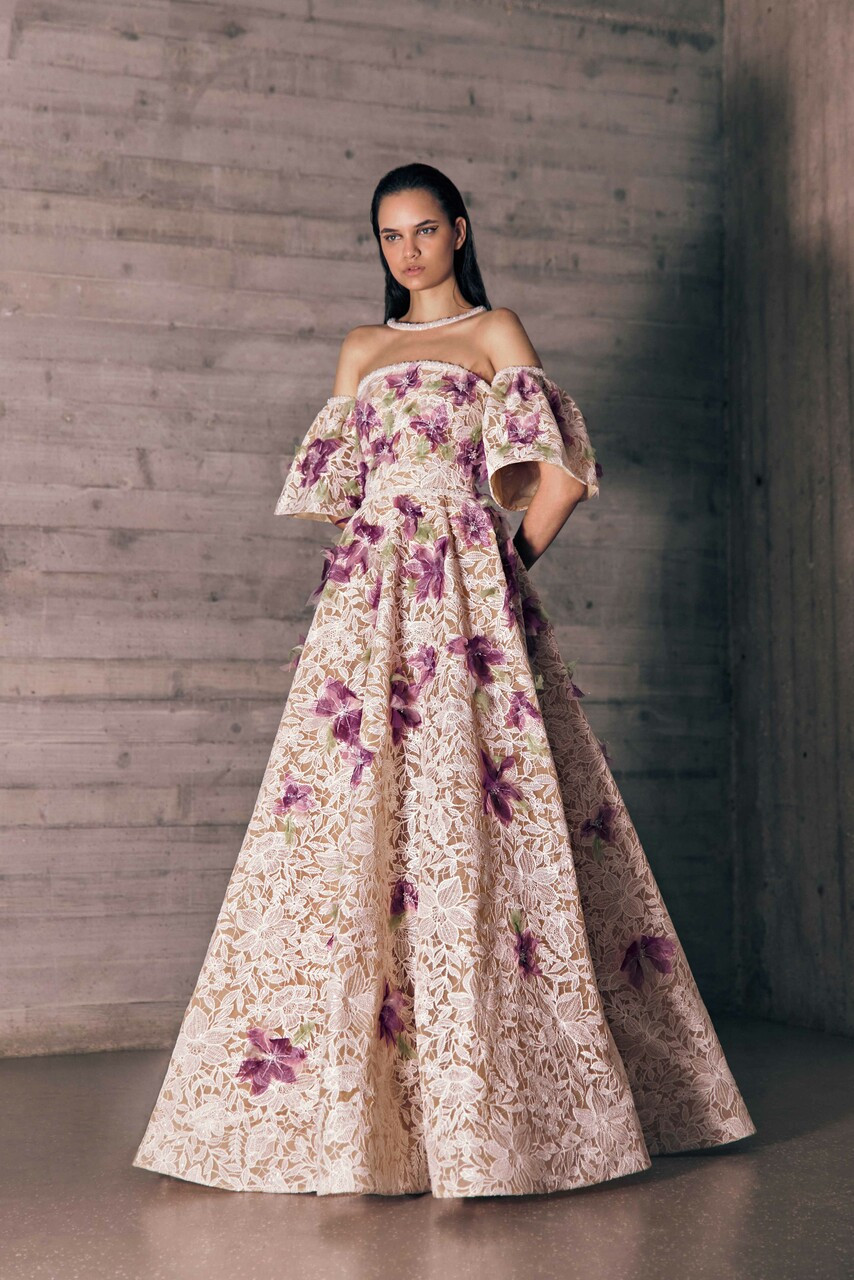 Tony Ward Tulle Gown With Guipure In Multi