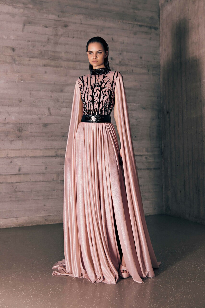 Tony Ward Jersey Gown With Cape Sleeves In Multi