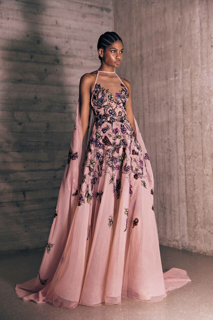 Tony Ward Petal Thread Embroidered Tulle Gown In Multi