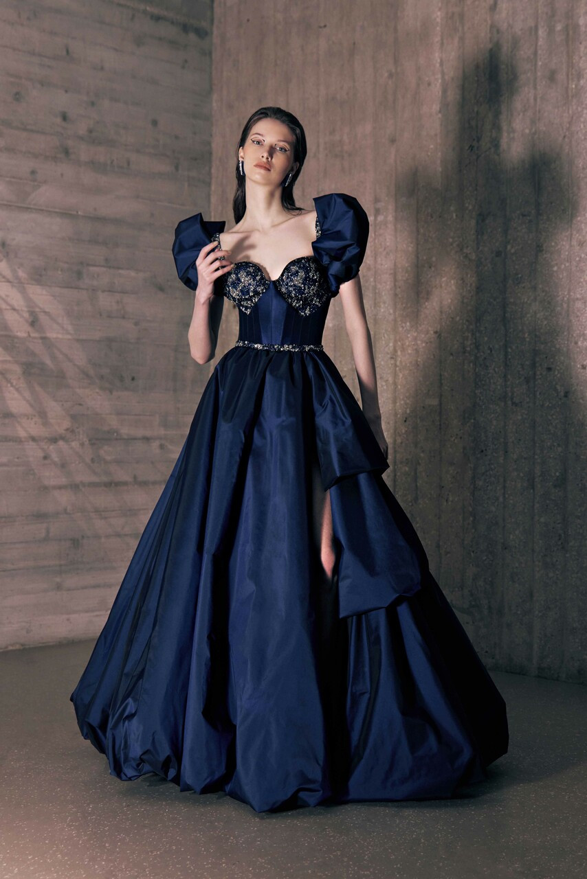 Tony Ward Puffy Sleeve Embroidered Taffeta Gown In Multi