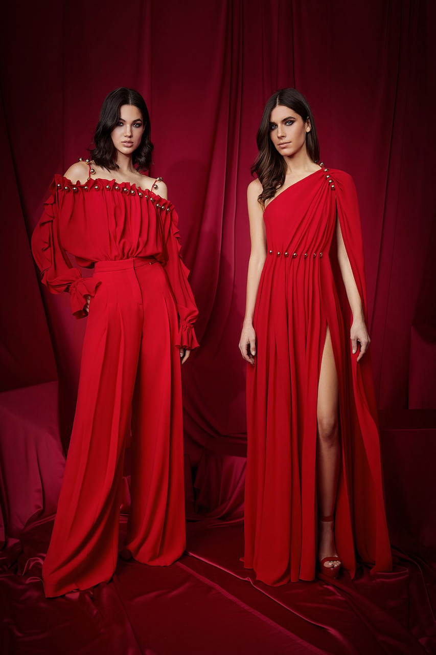 Zuhair Murad Georgette One Shoulder Gown With Cape Sleeve In Red