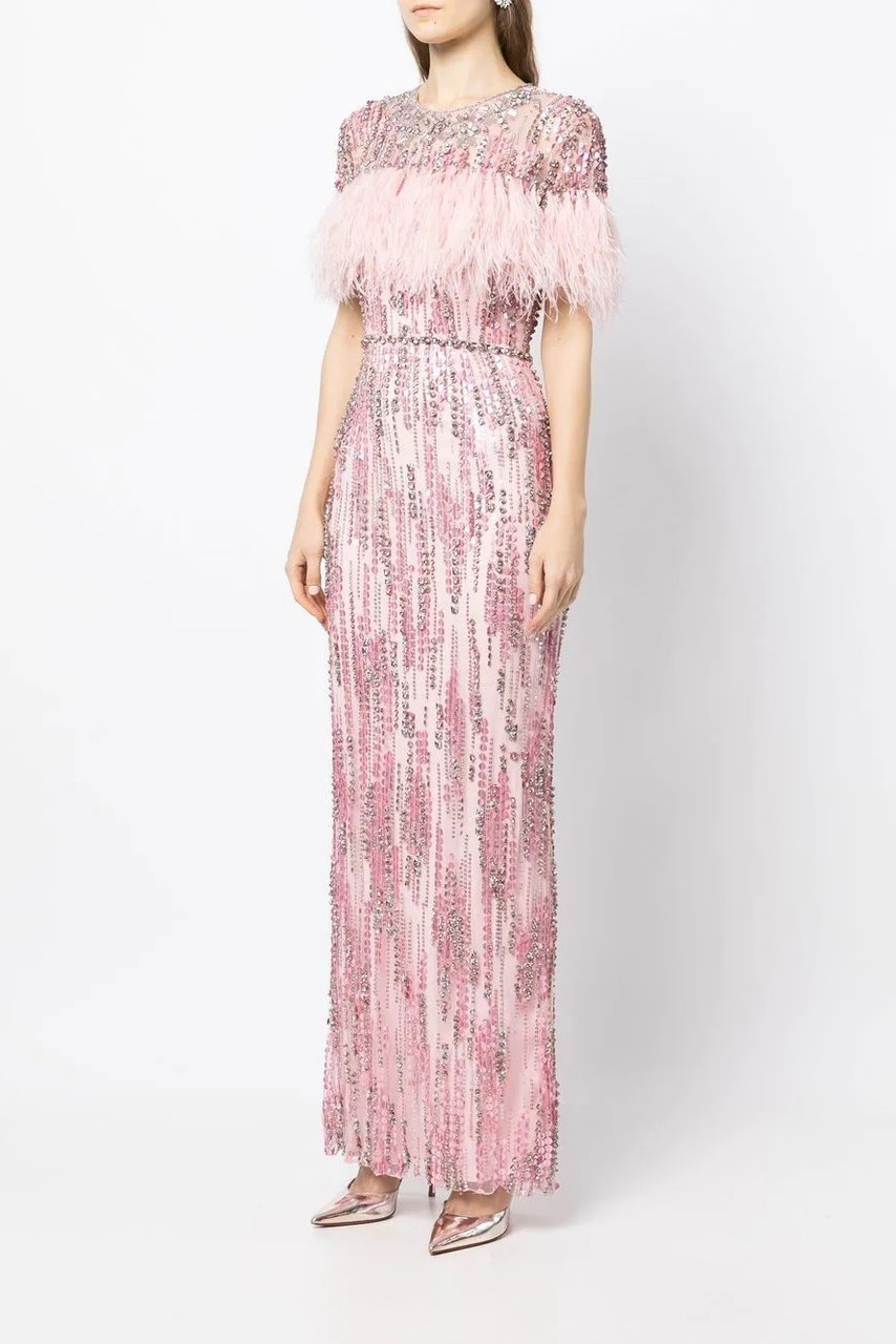 Jenny Packham Marlene Beaded Feathered Gown In Multi