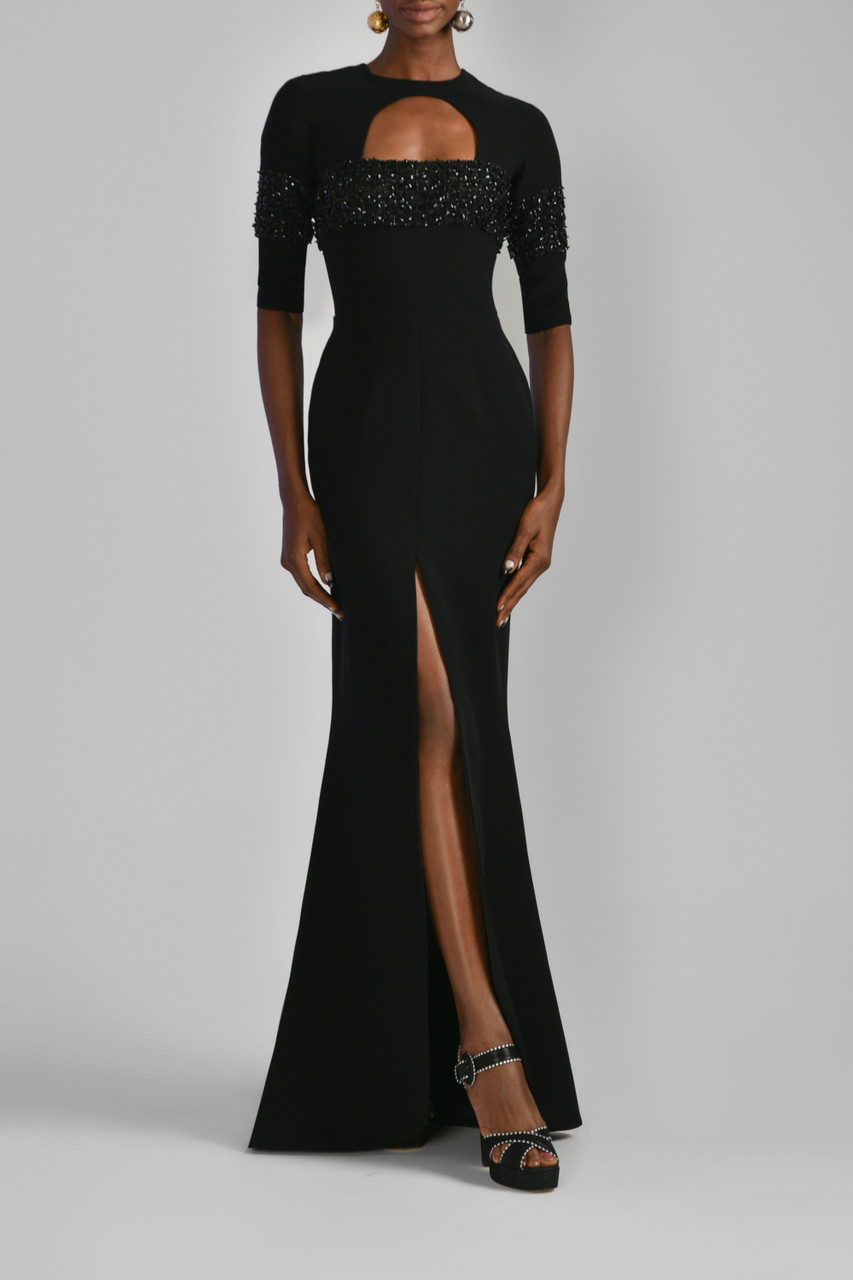 Saiid Kobeisy Beaded Canton Crepe Slit Gown In Multi