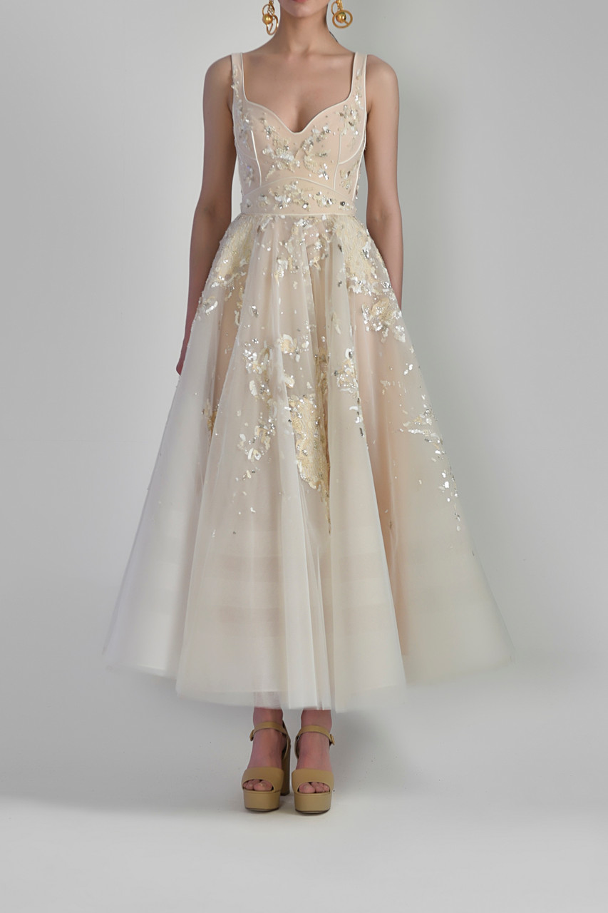 Saiid Kobeisy Beaded Tulle Dress With Satin Bias In Multi