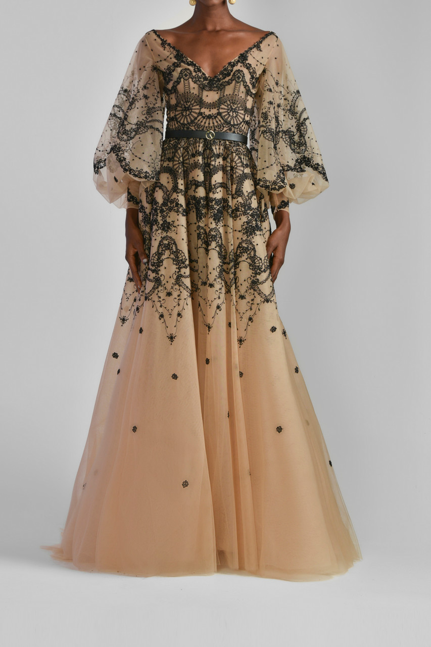 Saiid Kobeisy Tulle Embroidered Gown With Belt In Multi