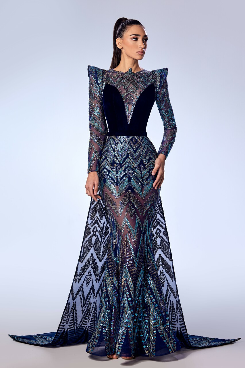 Reverie Couture Beaded Sequin Tulle And Velvet Gown In Multi