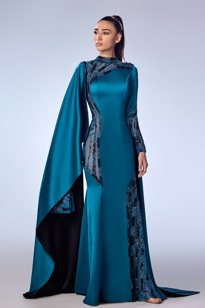 Reverie Couture Beaded Cape Silk Satin Gown In Multi