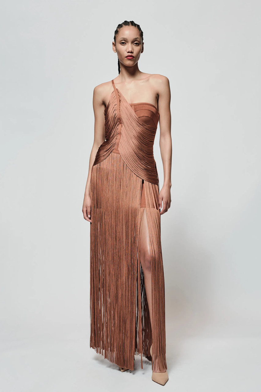 Herve Leger One Shoulder Fringe Gown In Multi