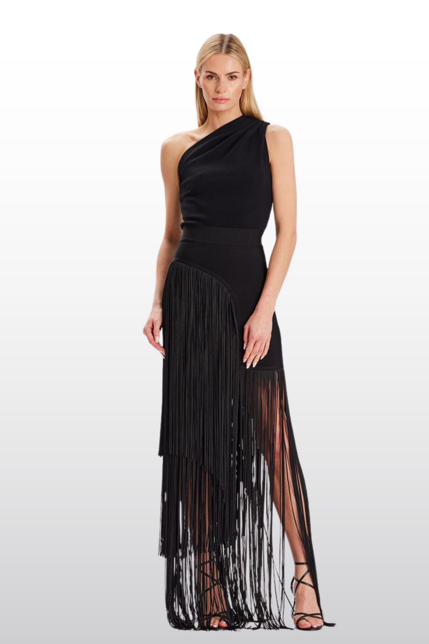 Herve Leger Fringe One Shoulder Gown In Multi