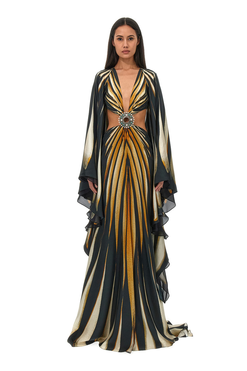 Roberto Cavalli Cape Sleeve Silk Twill Gown In Multi