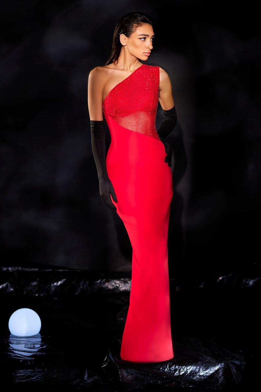 Abdo Aoude Couture Crepe Gown With Embroidered Fishnet In Multi