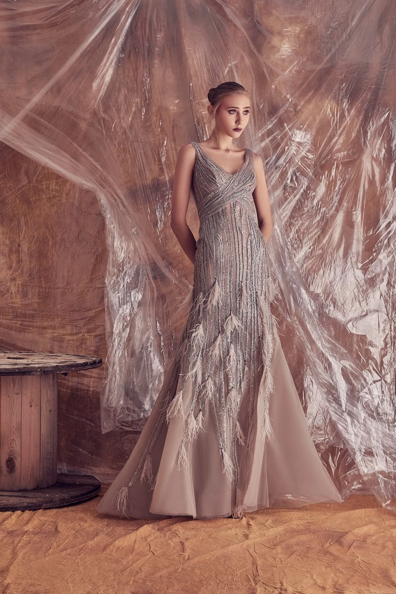 Gatti Nolli By Marwan Alejandra Sequined And Feathered Gown In Multi