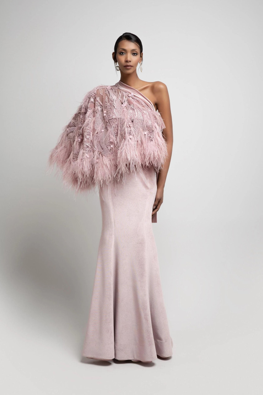 Jean Fares Couture Feathered Half Cape Gown In Multi