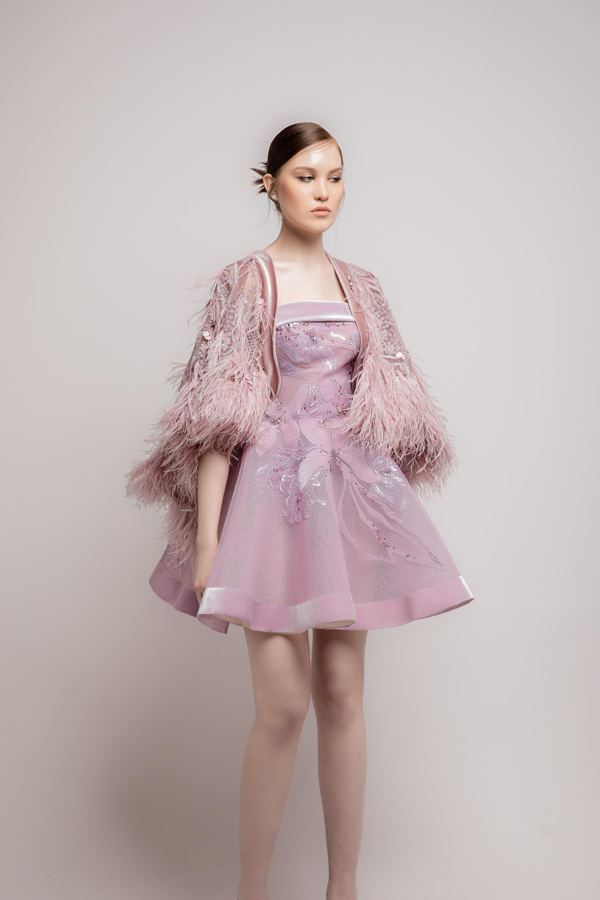 Jean Fares Couture Strapless Mini Dress With Feathered Cape In Multi