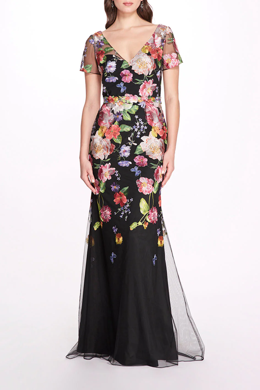 Marchesa Notte Floral-embroidered V-neck Gown In Multi