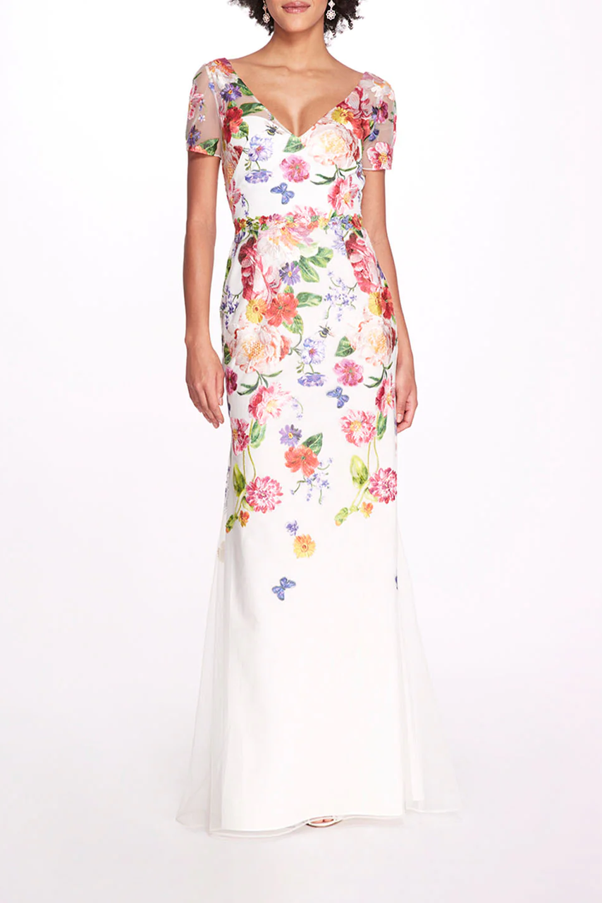 Shop Marchesa Notte Embroidered V-neck Floral Gown In Multi