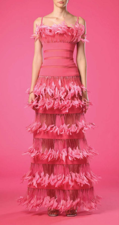 Jean Louis Sabaji Tiered Feather Strapless Gown In Pink