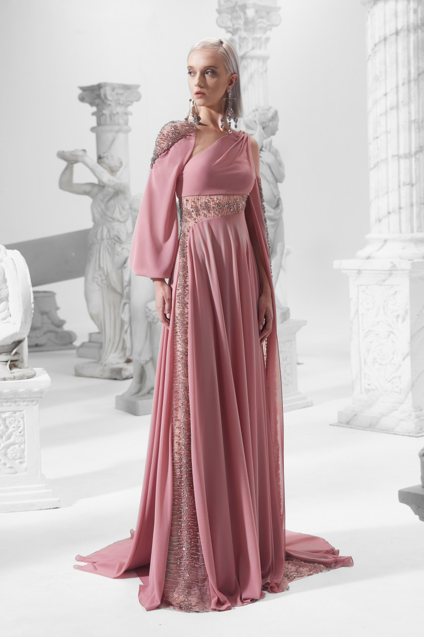 Khaled & Marwan Couture Sheer Paneled Draped Gown In Multi