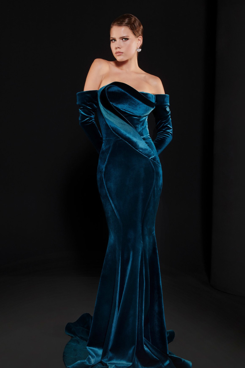 Mnm Couture Velvet Off Shoulder Gown In Multi