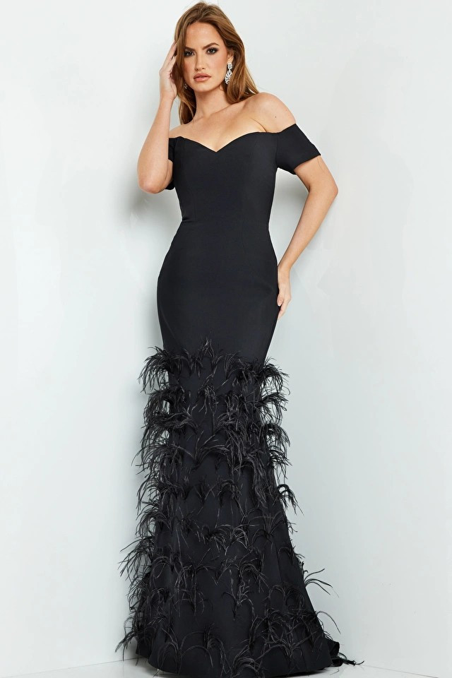 Jovani Off The Shoulder Fitted Feathered Gown In Multi