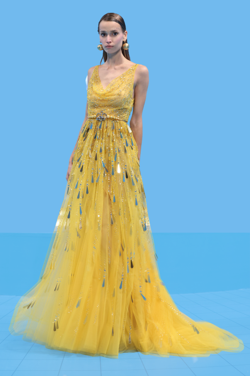 Georges Hobeika Beaded Gown With Draped Bodice In Yellow
