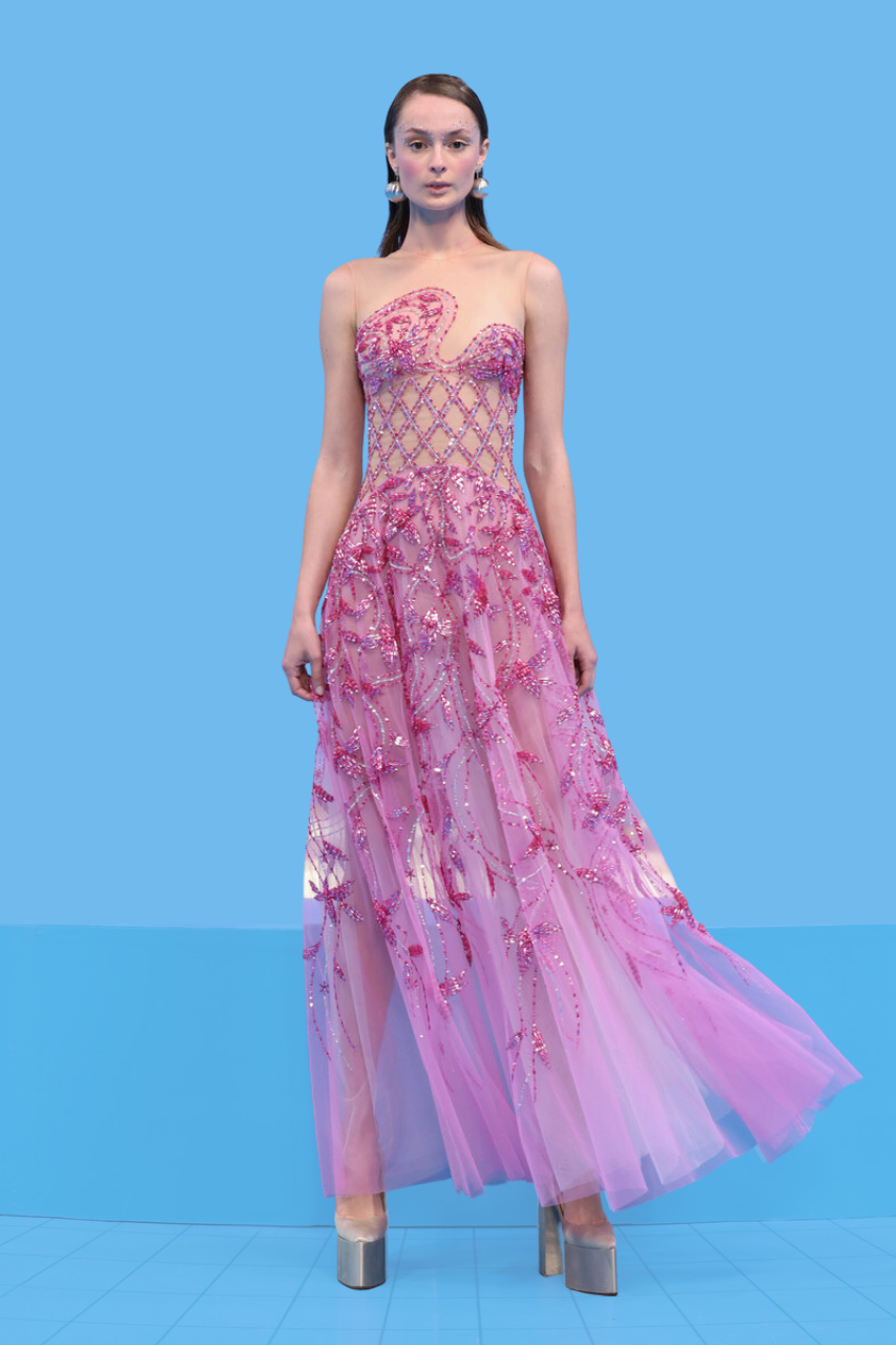 Georges Hobeika Beaded Tulle With Asymmetrical Bodice Dress In Multi