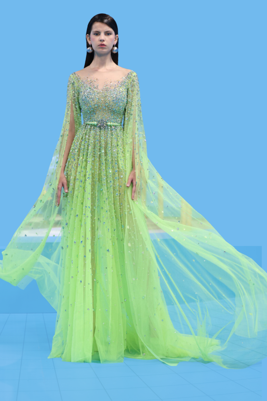 Georges Hobeika Beaded Split Sleeve Gown In Green