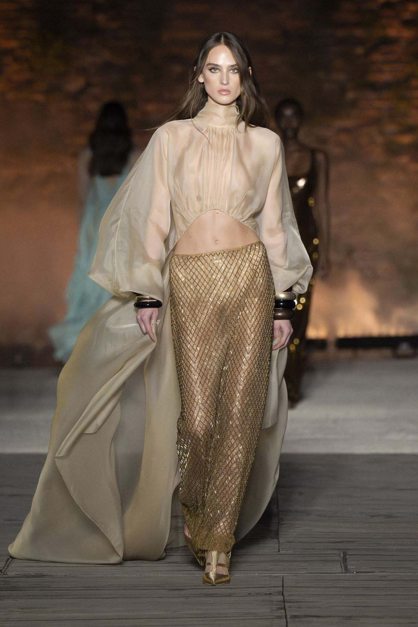 Alberta Ferretti Organza Blouse With Tulle Skirt In Gold