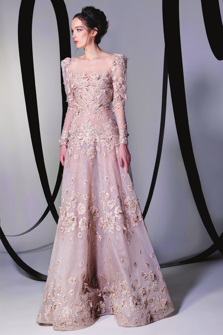 Tony Ward Long Sleeve-floral Gown In Neutral