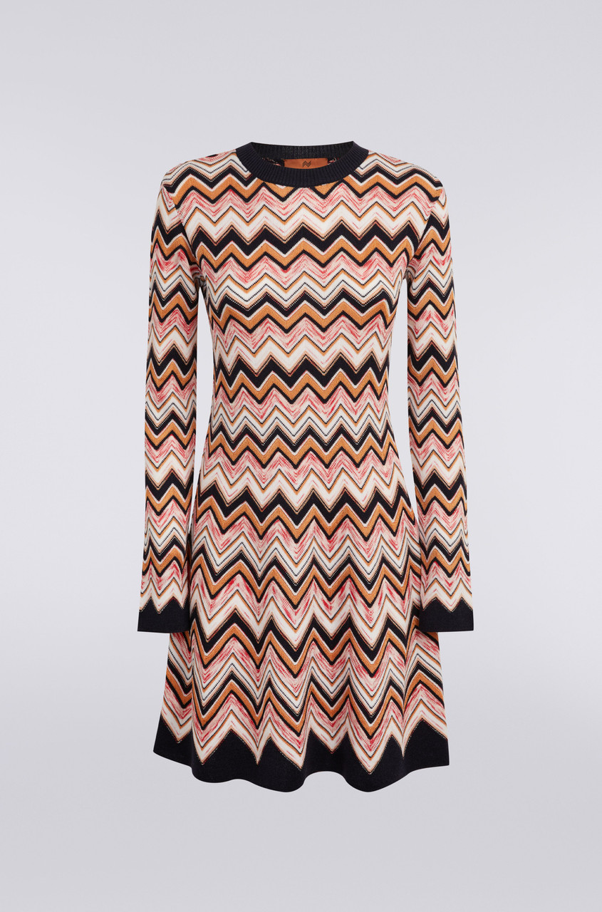Missoni Long-sleeved Crew-neck Dress In Zigzag Knit In Multi