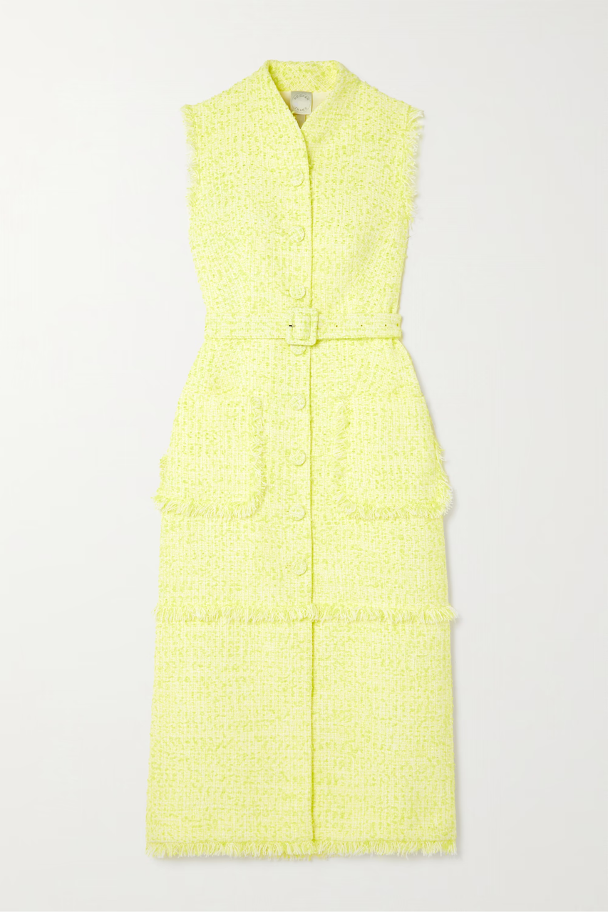 Huishan Zhang Tulip Belted Frayed Tweed Midi Dress In Multi