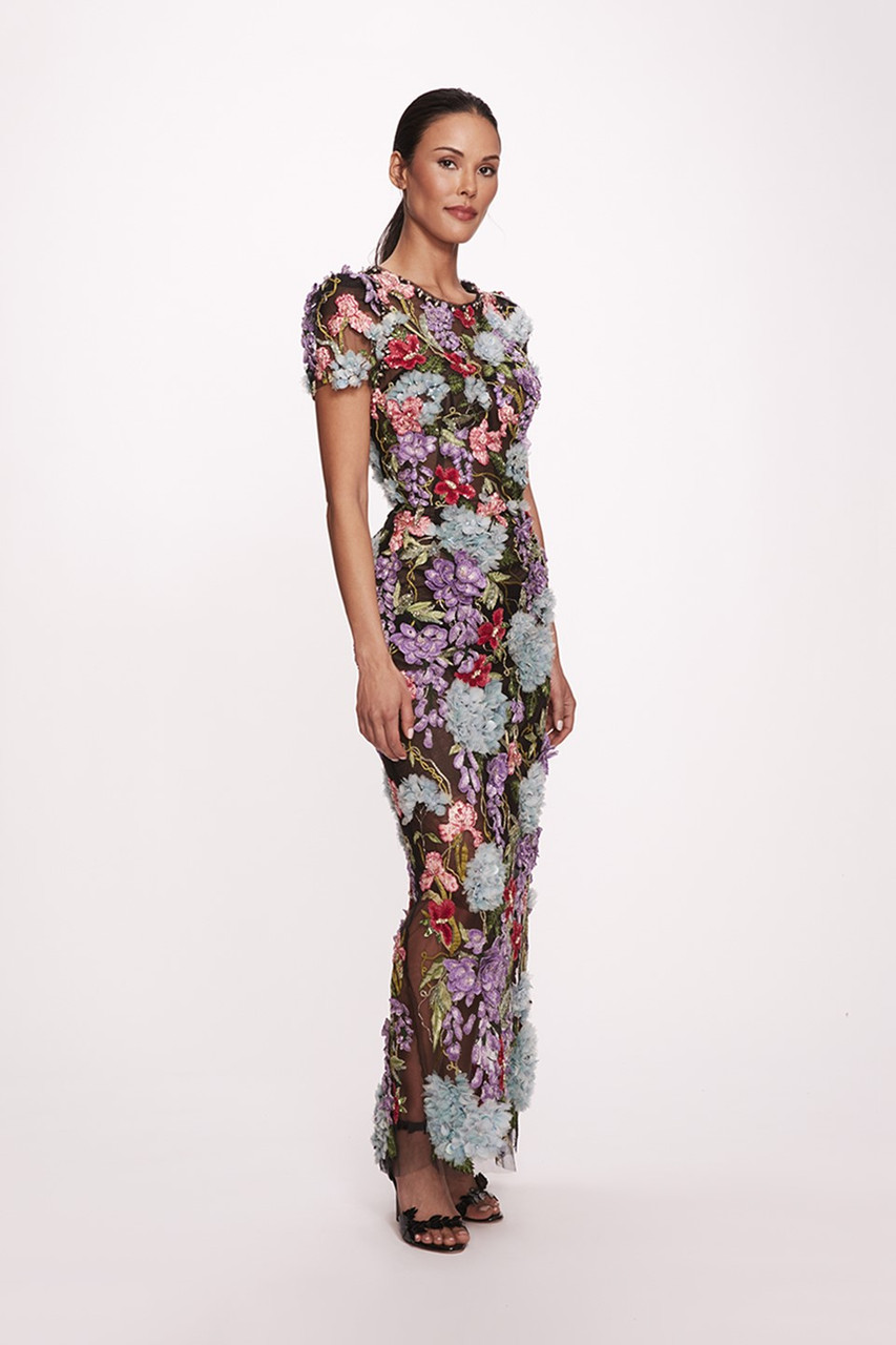 Marchesa Fully Embroidered Tea-length Gown In Multi