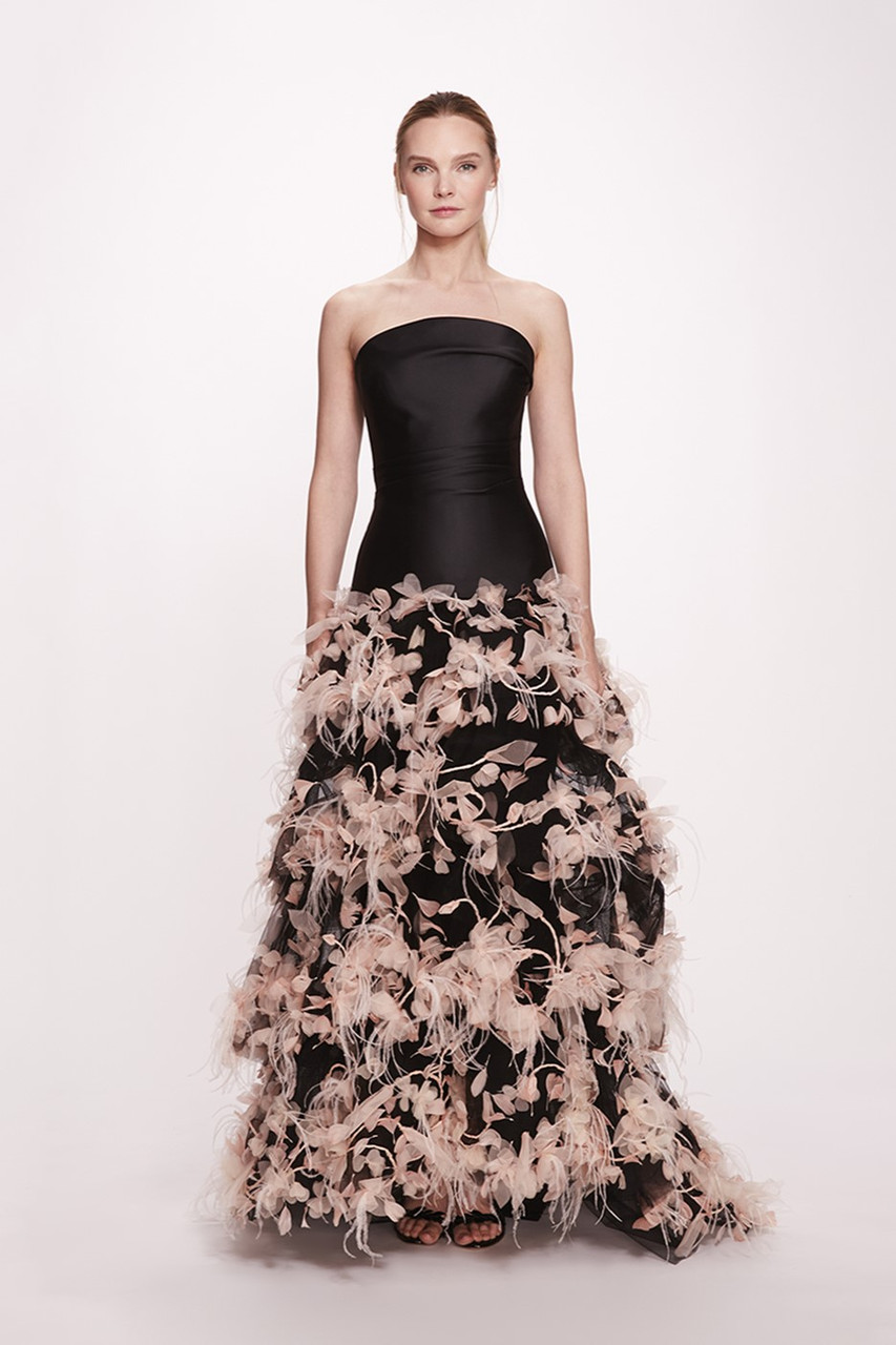 Shop Marchesa Strapless Feathered Satin Gown In Multi