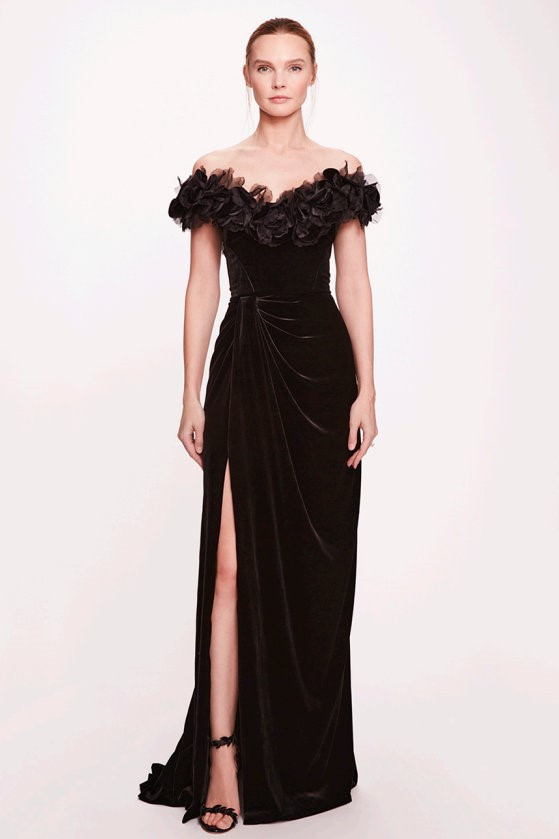 Shop Marchesa Hand-draped Stretch Velvet Gown In Multi